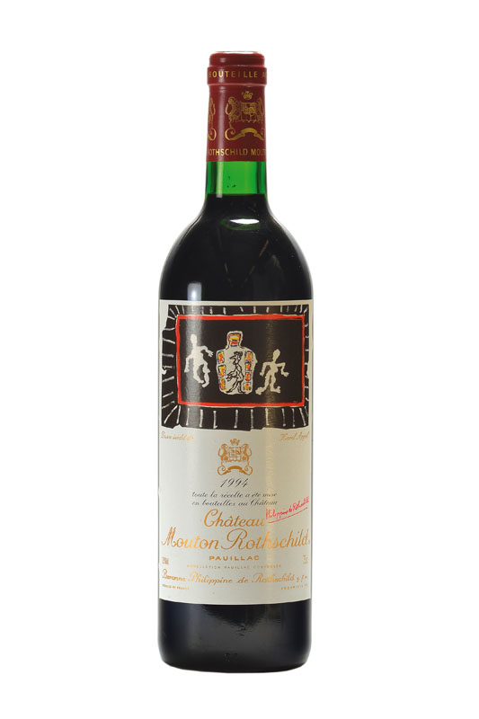 1 Flasche 1994 Chateau Mouton Rothschild, Pauillac, Künstleretikett: Karel Appel, ca. 12,5 % Vol., Premier Cru Classe, ca. 75 cl, ca. into neck, ...