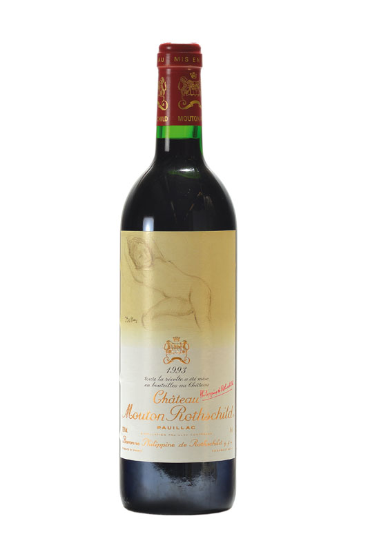 1 Flasche 1993 Chateau Mouton Rothschild, Pauillac, Künstleretikett: Balthus, Premier Cru Classe, ca. 75 cl, ca. 12,5 % Vol., ca. into neck, ...