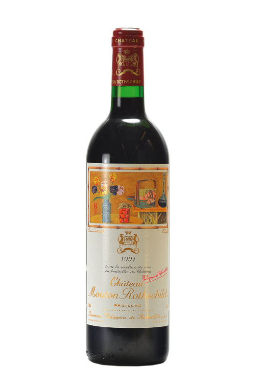1 Flasche 1991 Chateau Mouton Rothschild, Pauillac, Künstleretikett: Setsuko, ca. 75 cl,ca. 12.5 % Vol., ca. into neck, unverkostet , in ...