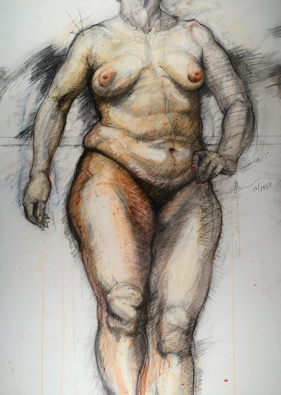 Erhard Göttlicher, geb. 1946, Signora Ketty I, Mischtechnik auf Papier, rechts signiert und datiert 16/1978, betitelt, ca. 148x108 cm, unter Glas ...