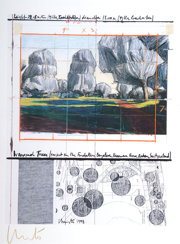 Christo, geb. 1935, Konvolut aus drei Grafiken, Wrapped Trees / The Wall / The Umbrellas, je handsigniert, ca. 40x30,5 cm / 14,5x10,5 cm / 33x26,5 ...