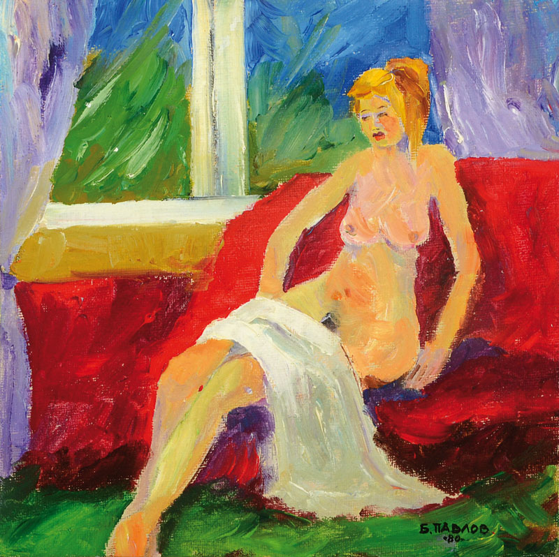 Boris Pavlov, 1928-2005, Der Akt auf Sofa, Öl/Leinwand auf Karton gezogen, rechts unten signiert und datiert 80, rückseitig kyrillisch bezeichnet, ...