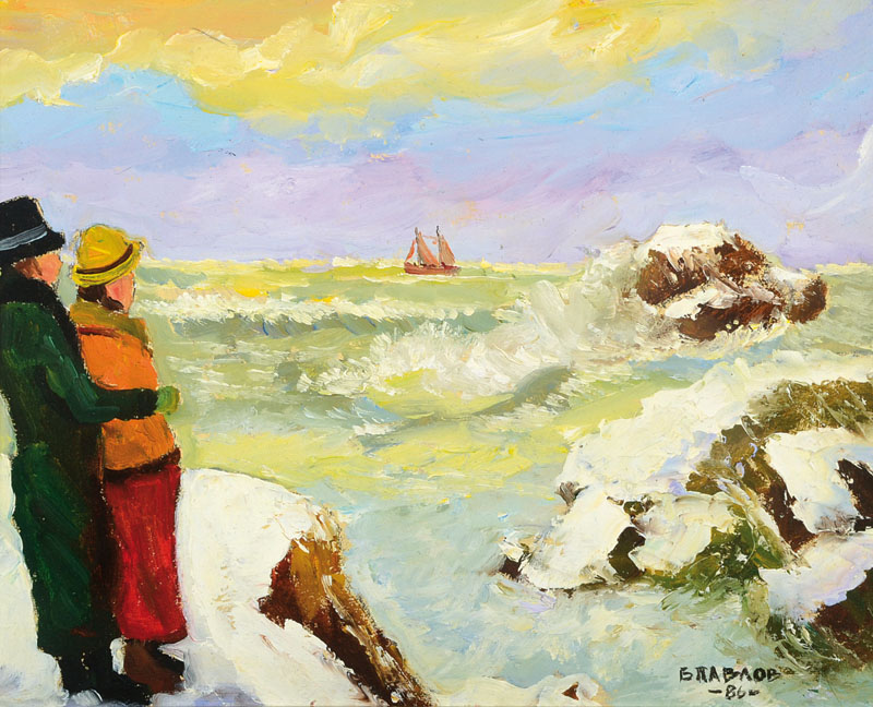Boris Pavlov, 1928-2005, Winterspaziergang an der Atlantikküste der Bretagne - Nähe Brest, Öl/Leinwand auf Karton gezogen, rechts unten signiert ...