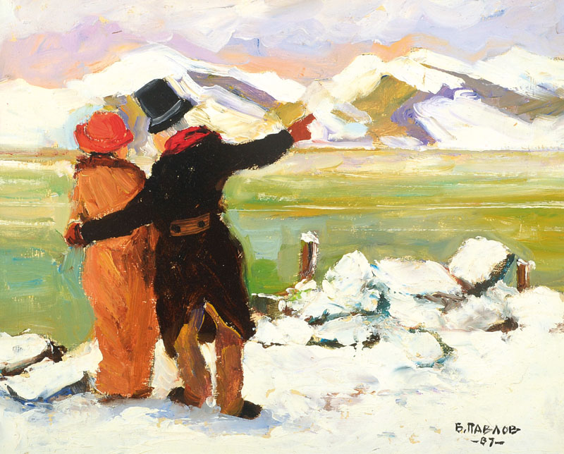 Boris Pavlov, 1928-2005, Winter in den Voralpen bei Alpensee/Nähe Grenoble, Öl/Karton, rechts unten signiert und datiert 87, rückseitig kyrillisch ...