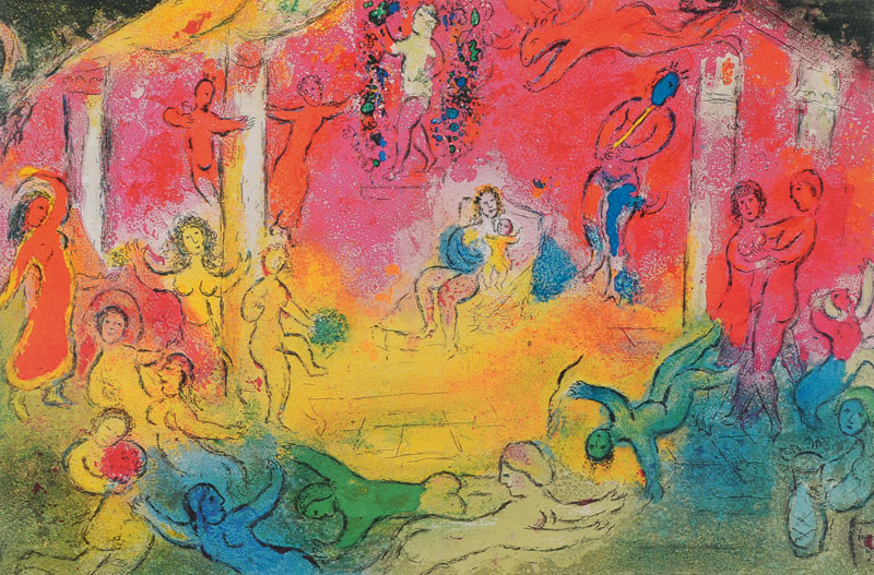 Marc Chagall, 1887-1985, Konvolut aus vier Farblithographien, aus: Daphnis und Chloe, "Tempel und Geschichte des Bachus", "Dorkons ...
