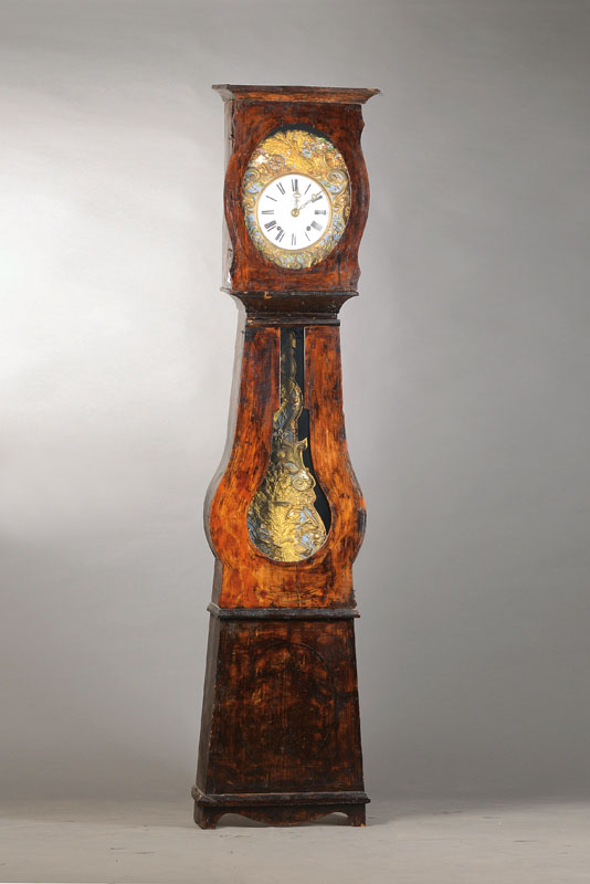 Standuhr, Frankreich um 1880, Holzgehäuse floral bemalt, sek. gelackt, unsicherer Stand,obere Türe unsachgemäß abgenommen, Comtoise Uhrwerk, ...