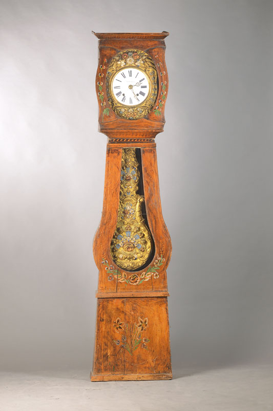 Standuhr, Frankreich um 1880, floral bemaltes Holzgehäuse, Füsse abgenommen, spannungsrissig, sek. gelackt, unsicherer Stand, Deckel lose, Comtoise ...