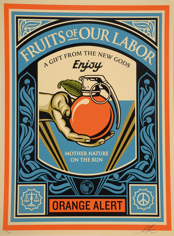 Shepard Fairey, geb. 1970, bedeutender Amerikanischer Künstler, hier: Fruits of our labor, signiert und nummeriert 170/450, Blattgr. ca. 61x45,5 cm