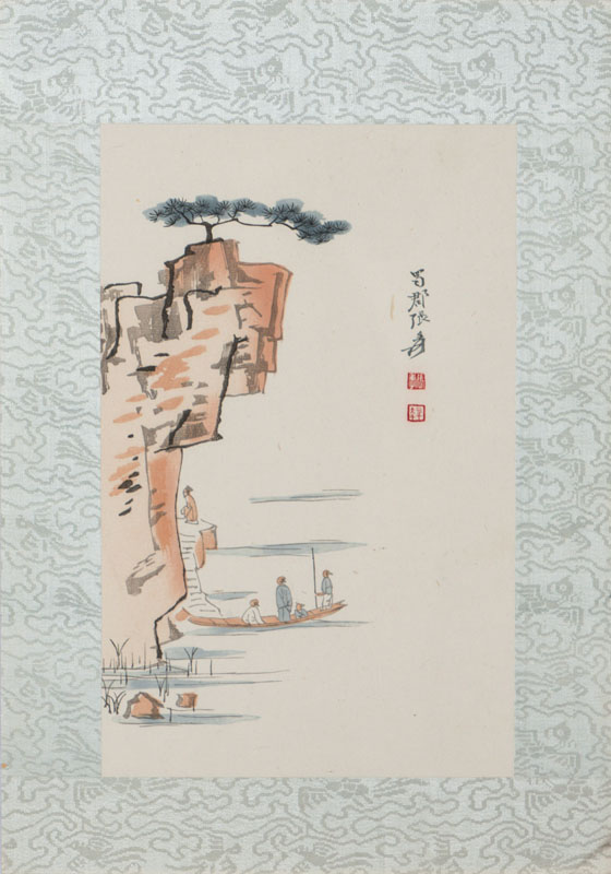 Zhang Daqian, 1899-1983, Holzschnitt auf Reispapier, in Seidenbrokat gefasst, um 1950, Provenienz: Nachlass Frank Hänel Galerie Wiesbaden, ca. 38x27 ...