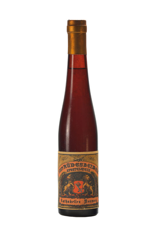 1 Demi- Flasche 1727 Rüdesheimer Apostelwein , Rheingau, aus dem Ratskeller Bremen (seit 2005 UNESCO Weltkulturerbe), ca. 0,375 l, Abstand zwischen ...