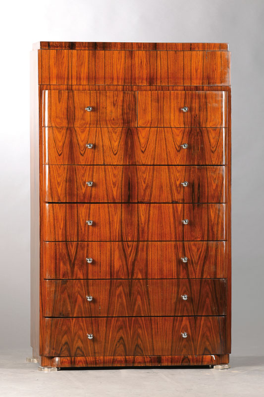 Schubladenkommode, sog. Chiffoniere, im Art-Deco-Stil, Frankreich, 80er Jahre, Palisanderfurnier doppelt gespiegelt verlegt, 8 schübig, 0verchromte ...