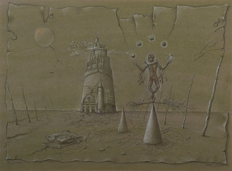 Werner Holz, geb. 1948 Grünstadt, hier: der Jongleur, Buntstiftzeichnung auf grünlichen Karton, signiert und bez., dat. 1985, 59 x 49 cm, Rahmen
