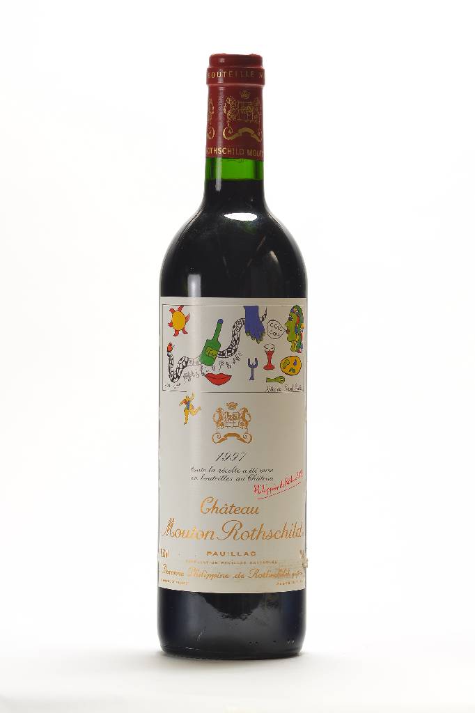 2 Flaschen Chateau Mouton Rothschild, Pauillac, Jahrgänge 1997 und 1999, Premier Cru Classe, Künstleretiketten von Niki de St.Phalle und Raymond ...