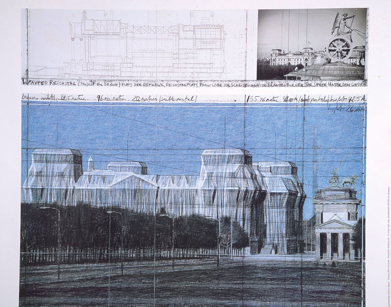 Christo, geb. 1935, Wrapped Reichstag, Project for Berlin, Farboffset, Schumacher Edition Fils, Düsseldorf, signiert, Blattgr. ca. 70x80 cm, teilw. ...