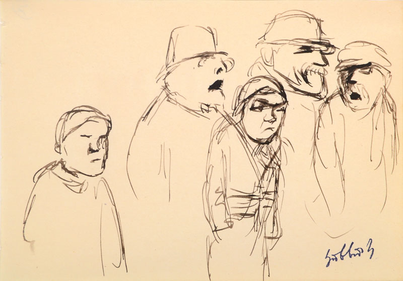 Karl Hubbuch, 1891-1979, Tuschezeichnung, Fünf auf der Straße, Signaturstempel, PP, Blattgr. ca. 11.7x16.5 cm, Provenienz: von Hubbuch erworben