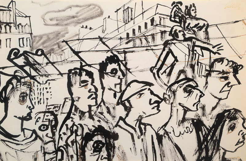 Karl Hubbuch, 1891-1979, Tusche/Tinte Bleistiftzeichnung, rechts oben Signaturstempel verblasst, ca. 22.5x34 cm, unter Glas gerahmt