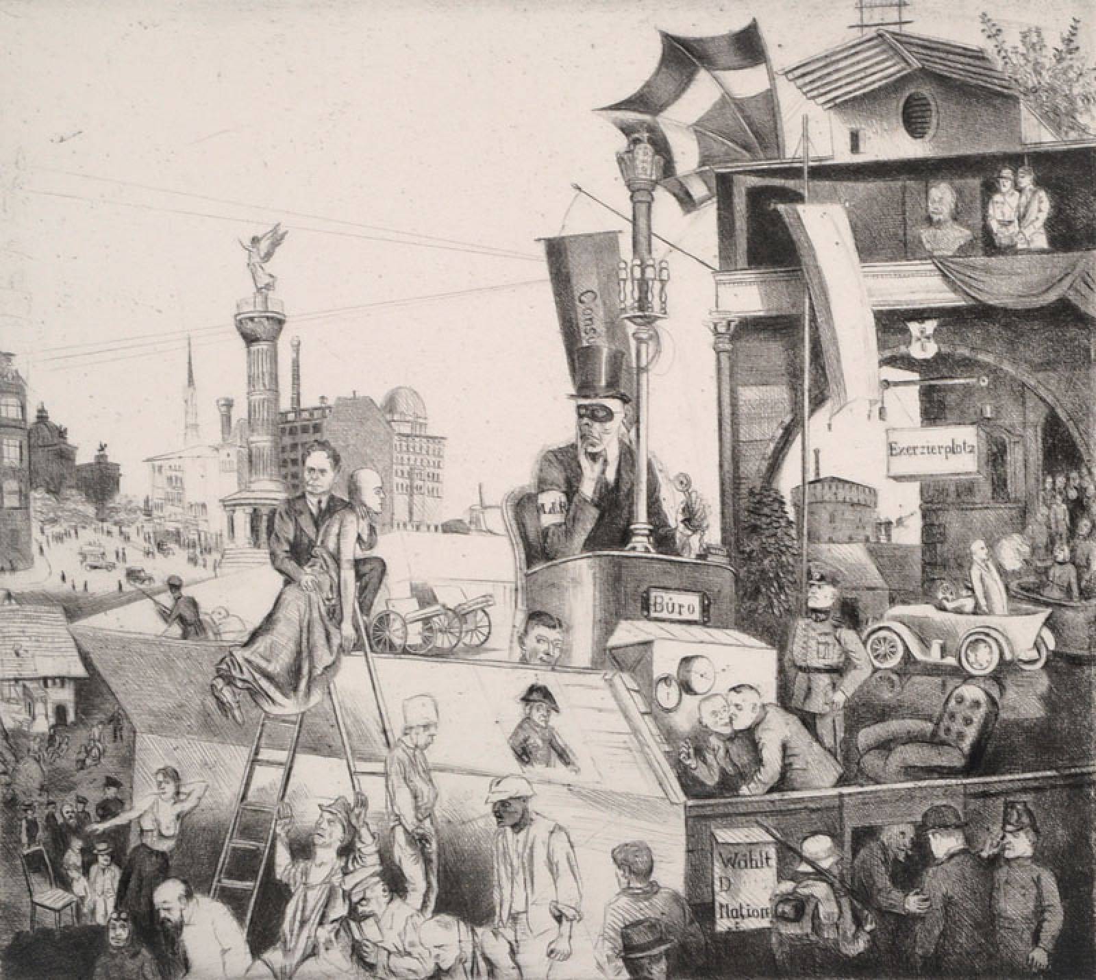 Karl Hubbuch, 1891-1979, Radierung, Mörderzentrale, Stempelsignatur, Platte ca. 19x21,3 cm, Blattgr. ca. 35,5x39 cm