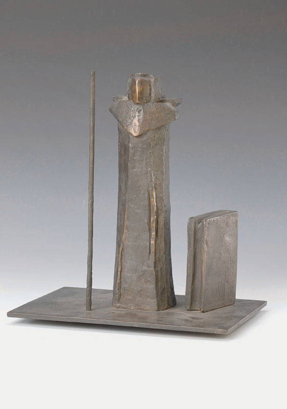 Wolf Spitzer, geb. 1940, Der heilige Benedikt, Bronzeskulptur, Gießerstempel Strehle, ca. 32x20x29 cm, Der Kopf wurde geformt als Grundriss einer ...