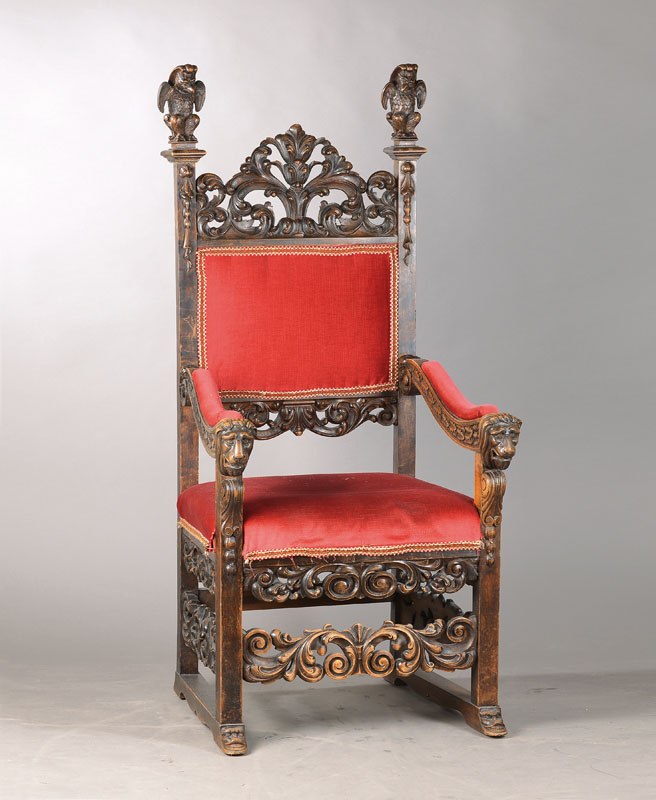 Armlehnsessel, deutsch, 1880-1910, Nussbaum, im Frühbarock-Stil, Rückenlehnenbekrönung reich ornamentiert, Fußgestell mit Schienen, Aufgesetzt ...