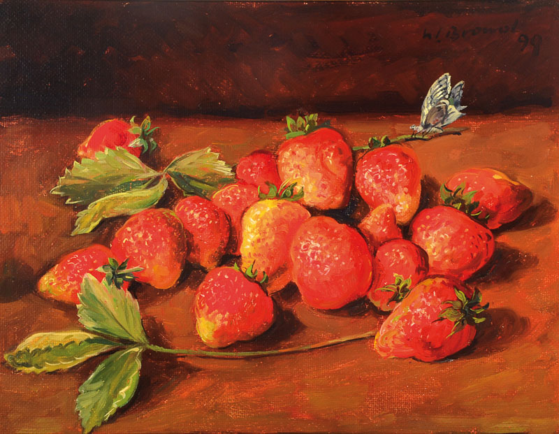 Werner Brand, geb. 1933 Löbau/Sachsen, lebt und arbeitet in Hochstadt/Pfalz, hier: Stillleben mit Erdbeeren, Öl/Platte, rechts oben signiert und ...