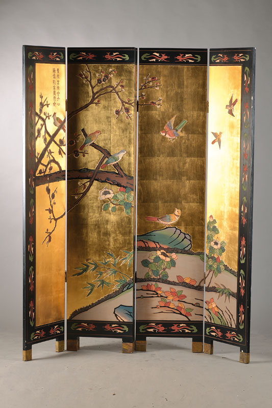 Stellschirm / Paravent, China,, spätes 20.Jh., Holz verstuckt und polygrom gefaßt, Schauseite auf Goldgrund applizierten und eingekerbten ...