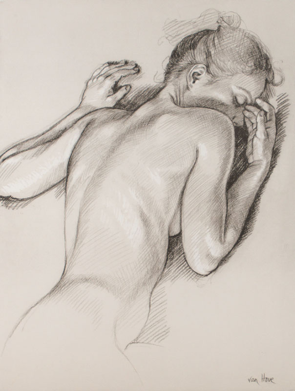 Van Hove Francine, Niederländischer Künstler, liegender Akt, Bleistiftzeichnung auf Karton, re unten sign, Blattgr. 60x80 cm, PP, unter Glas gerahmt