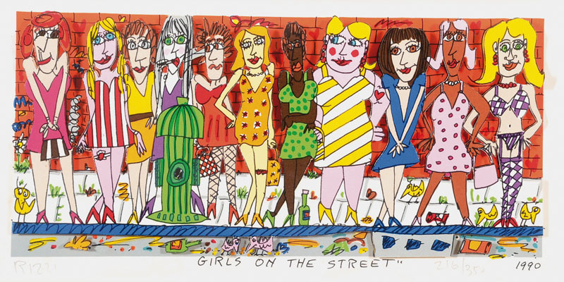 James Rizzi, 1950-2011, 3D Lithographie, Girls on the Street, signiert und nummeriert 216/350, 1990, Motiv ca. 11x23,5 cm, PP, unter Glas gerahmt, ...