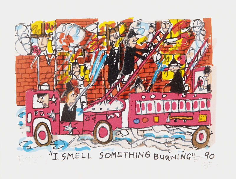 James Rizzi, 1950-2011, 3D Lithographie, I smell something burning, signiert und nummeriert 54/350, Motiv ca. 5x7,5 cm, PP, unter Glas gerahmt, Blatt ...