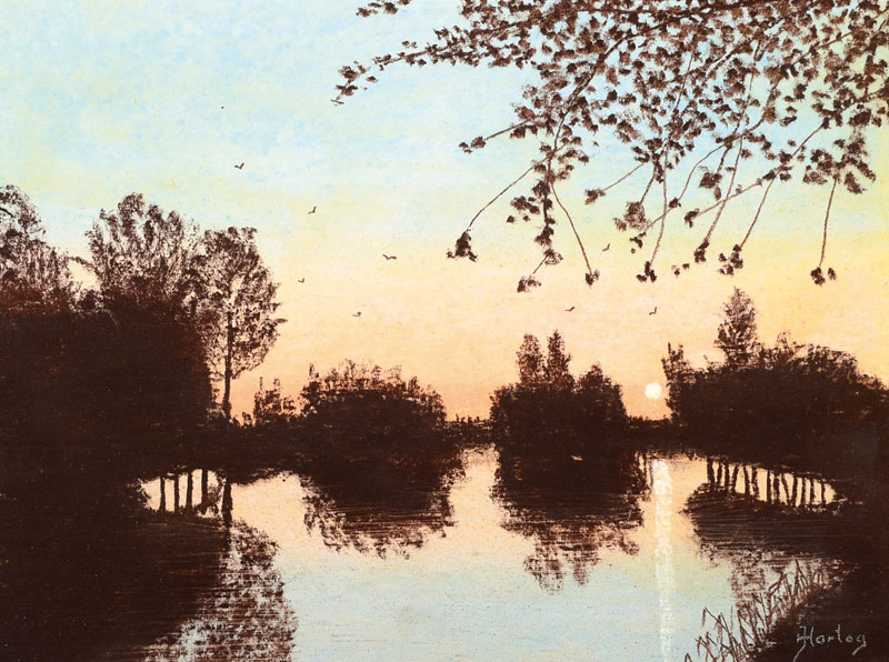 Jaap Hartog, 1909-?, Avend in de polder, Mischtechnik/Holz, rechts unten signiert, rückseitig betitelt, ca. 18x24 cm, Rahmen