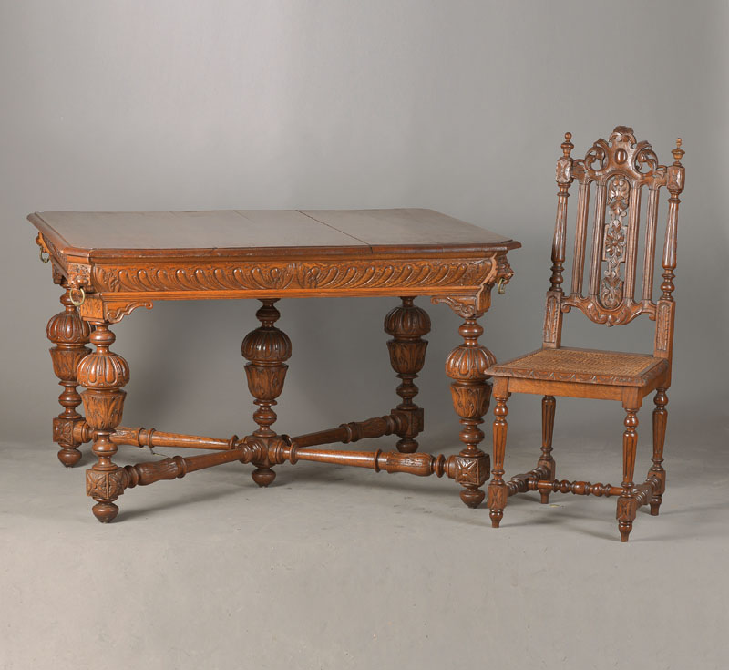 Sitzgruppe im Stil der Niederrheinischen Renaissance, um 1880/90, Eiche massiv, viele gedrechselte Partien, Stühle mit Kartuschenbekrönung und ...
