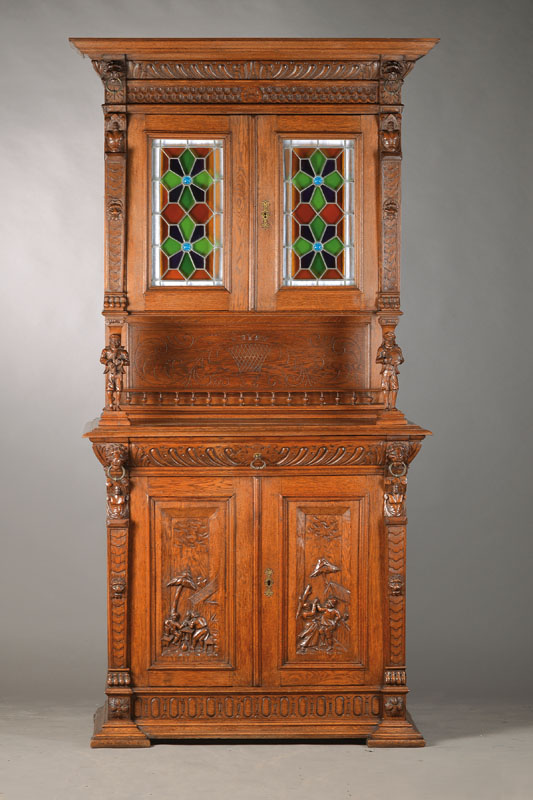 Aufsatzbuffet, Friesland, um 1880/1890, Eiche massiv, Unterschrank 2-türig mit regionstypischen Szeneschnitzereien, 1- schübig, 2-türiger Aufsatz ...