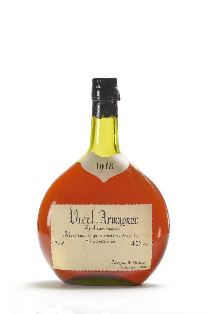 1 Flasche 1918 Vieil Vintage Armagnac Veuve J. Goudoulin, Appellation controlee, ca. 70 cl, ca. 40% Vol,unverkostet, Abstand zwischen Kapsel und ...