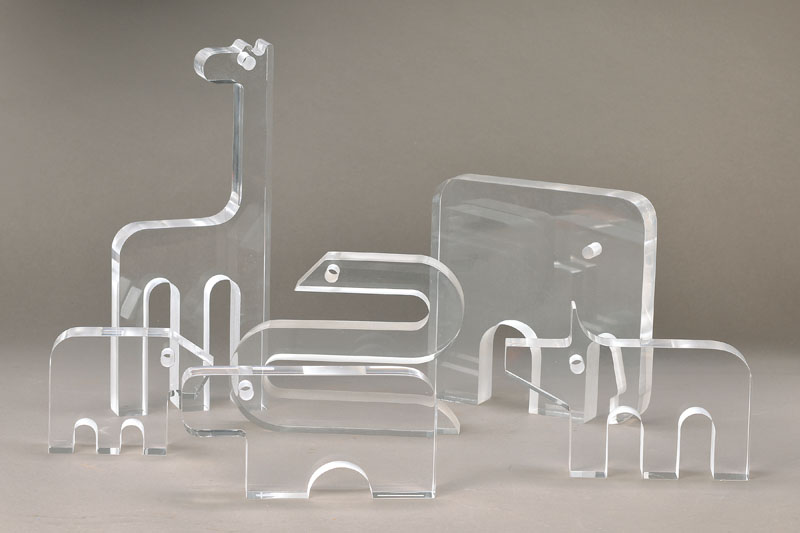 Silvio Russo, Bozen/Italien, 20. Jhd., Konvolut aus 17 Tier-Skulpturen, "Lucite", Plexiglas, Ausführung: Team Guzzini, Vedril, um 1970, ...