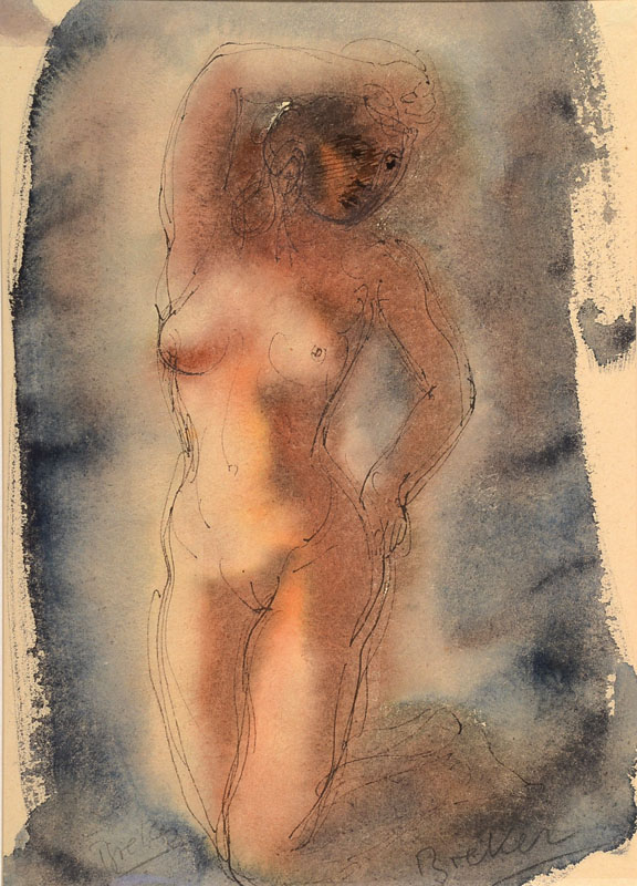 Arno Breker, 1900-1991, Aktzeichnung, Aquarell/Papier, links unten signiert, rückseitig weitere Zeichnung, Blattgr. ca. 44x32,2 cm, PP, Gesamt ca. ...
