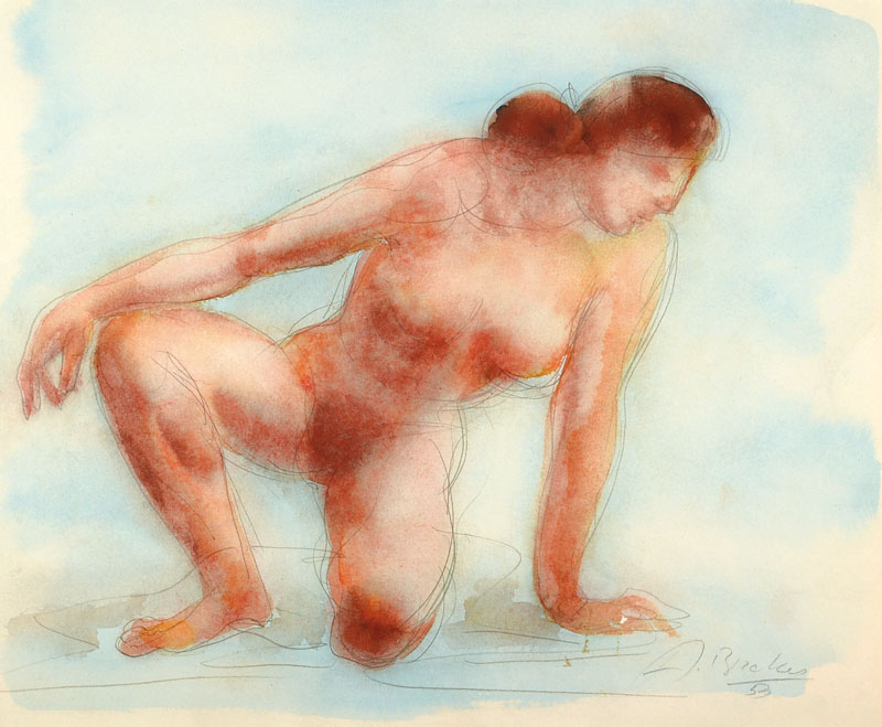 Arno Breker, 1900-1991, Aktzeichnung, Aquarell/Papier, rechts unten signiert und datiert 53, Blattgr. ca. 32x38 cm, PP, Gesamt ca. 48x52 cm, ...