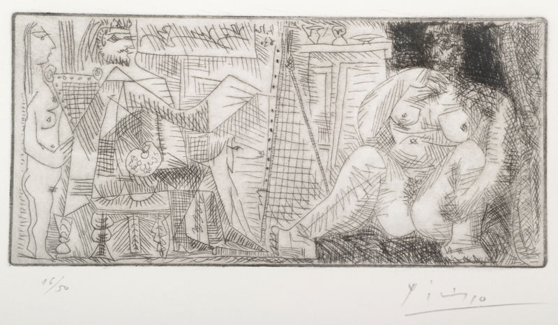 Pablo Picasso, 1881-1973, Radierung, Der Maler und sein Modell, signiert und nummeriert 16/50, WVZ Bloch Nr. 1139, Platte ca. 11.5x23.5 cm, unter ...