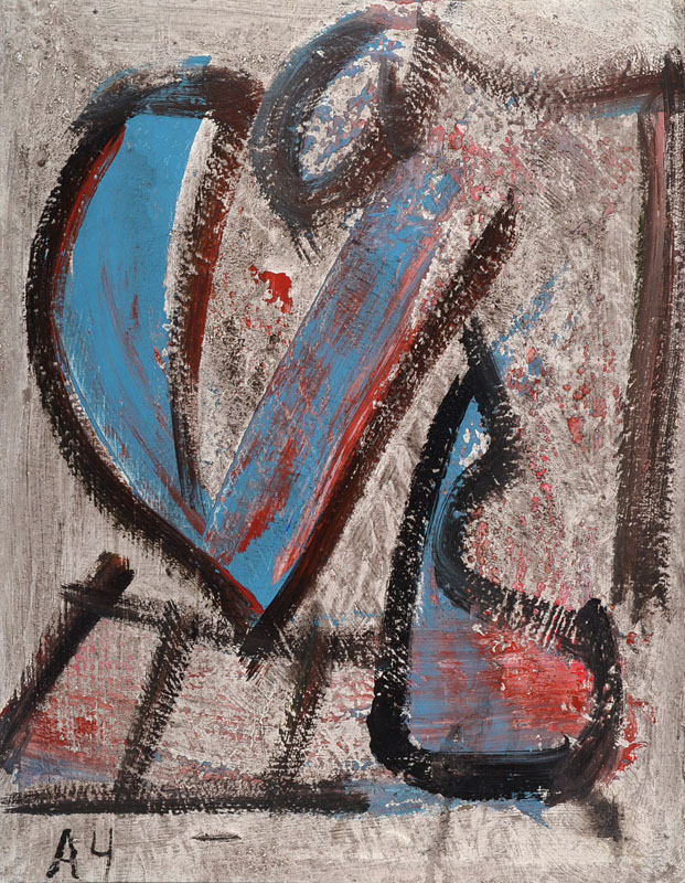 Unbekannter Russischer Künstler, Moderne Komposition in Blau und Rot mit Herzsymbolik, Öl/Lwd, monogrammiert, um 1950/70, verso mit russischem ...