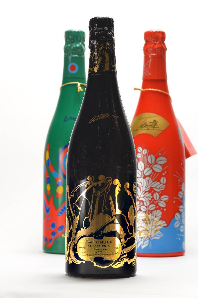 3 Flaschen Taittinger Collection, Brut, Reims, Jahrgänge: 1981, 1988 und 1990, je ca. 75 cl, je ca. 12 % Vol., Künstleretiketten: Arman, Toshimitsu ...