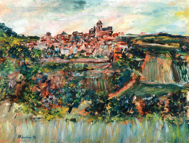 Florian Frieling, 1939 Leverkusen-1994 Böhl- Iggelheim, Blick auf Neuleiningen, Öl/Lwd, links unten signiert und dat. 76, ca. 65x87cm, R.