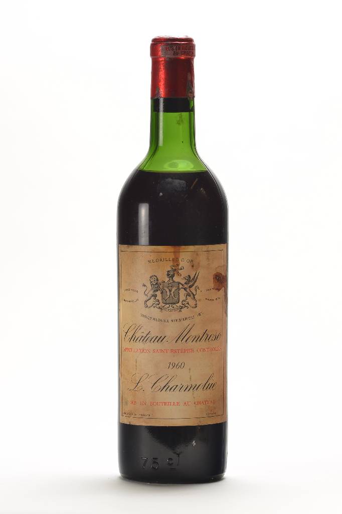 1 Flasche 1960 Chateau Montrose, Saint Estephe, L. Charmolüe, unverkostet, ca. 75 cl,Füllstand: ca. mid shoulder, Etikett gebräunt und beschmutzt, ...