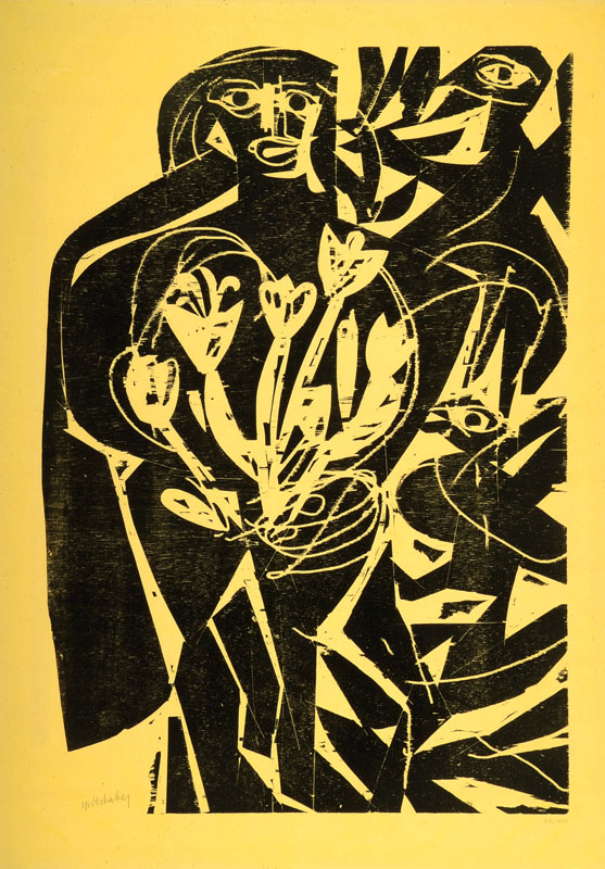 HAP Grieshaber, 1909-1981, Schwarze Figur mit Tulpen, Holzschnitt auf grün-gelbem Reispapier, signiert und nummeriert 85/100, WVZ Hatje Band 1, Nr. ...