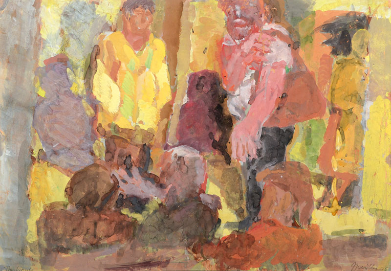 Johannes Müller, 1935 Rostock - 2012, Aquarell, Die Theaterprobe, signiert und bezeichnet, datiert 75, PP, ca. 40,5x58,5 cm, unter Glas gerahmt