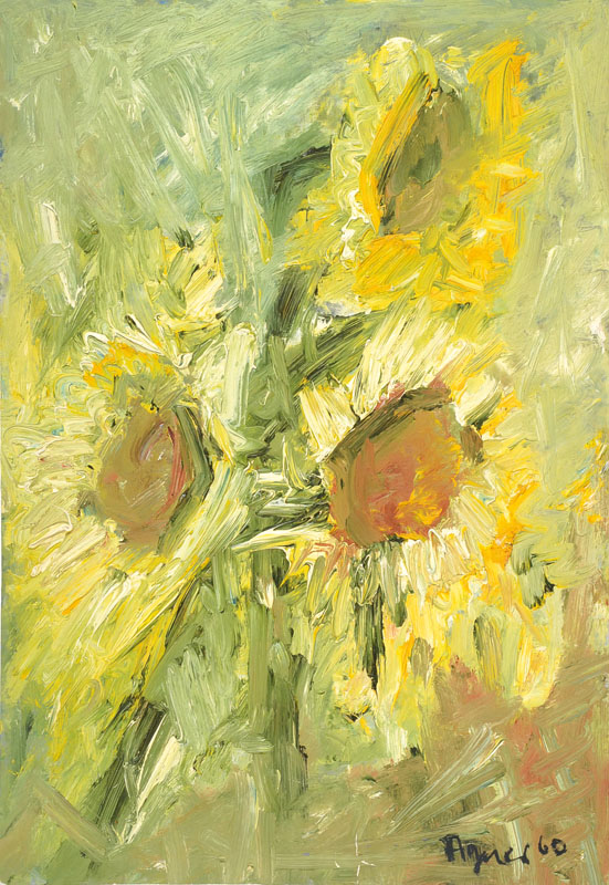 Hans Peter Agner, 1933-1989, Sonnenblumen, Öl/Papier, rechts unten signiert und datiert 60, Blattgr. ca. 45x31 cm, mit Rissen, teilw. nicht sichtbar