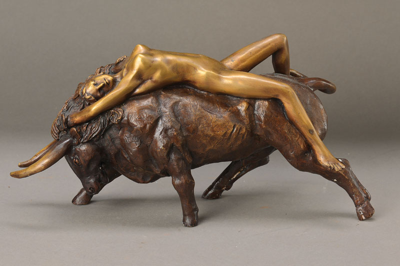 Asajero, zeitgenössischer Spanischer Künstler, Europa und der Stier, Bronze, signiert, H. ca. 20 cm, L. ca. 36 cm