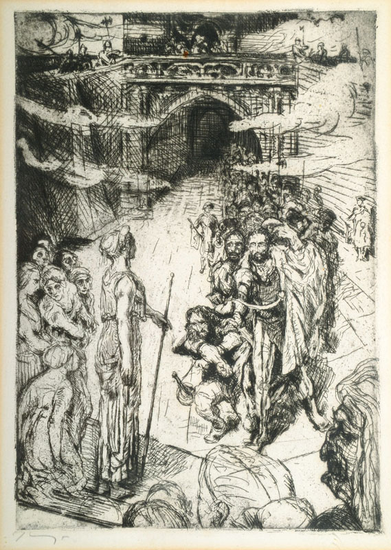 Max Slevogt, 1868-1932, Radierung zu Goethes Faust II, Zug der Gefangenen, handsigniert, Platte ca. 24,5x17 cm, unter Glas gerahmt