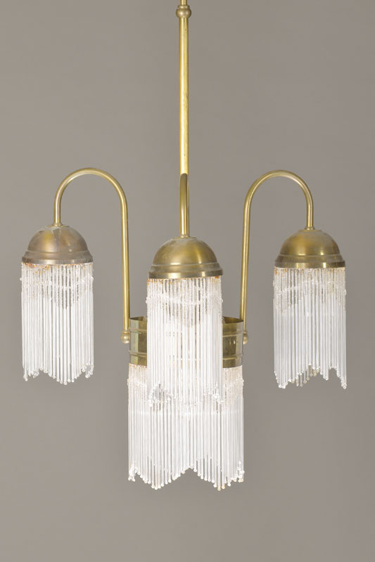 Deckenlampe, deutsch, 70er Jahre, Glasstabbehang, 3 Ausleger, insg. 4 Brennstellen, Messingmontur, Elektrifizierung nicht geprüft, H. ca. 75 cm, D. ...