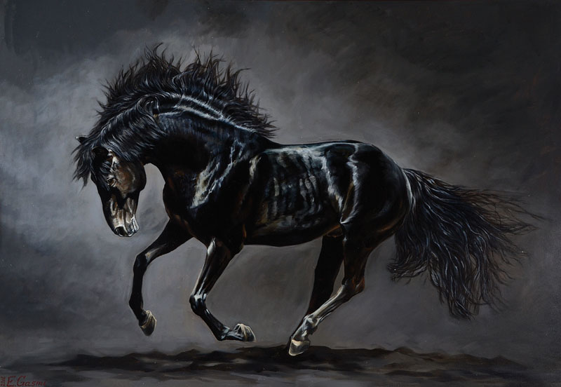 Ekaterina Gasmi, zeitgenössische Künstlerin, Schwarzes Pferd, Öl/Lwd, links unten signiert und datiert 2016, ca. 70x100 cm, Rahmen