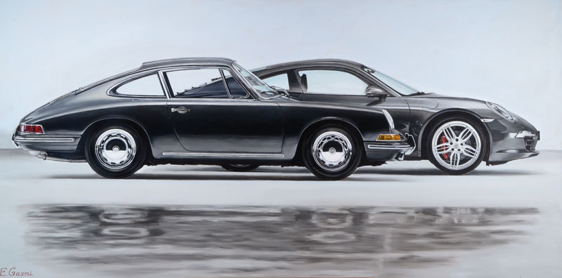 Ekaterina Gasmi, zeitgenössische Künstlerin, Porsche, Öl/Lwd, links unten signiert und datiert 2016, ca. 70x140 cm