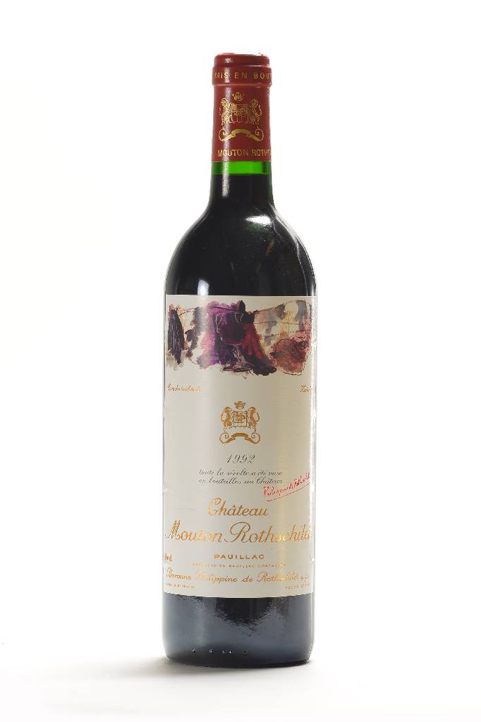 1 Flasche 1992 Chateau Mouton Rothschild, Pauillac, Premier Cru Classe, Künstleretikett: Kirkeby, ca. 12,5 % Vol., ca. 75 cl, Füllstand: ca. high ...