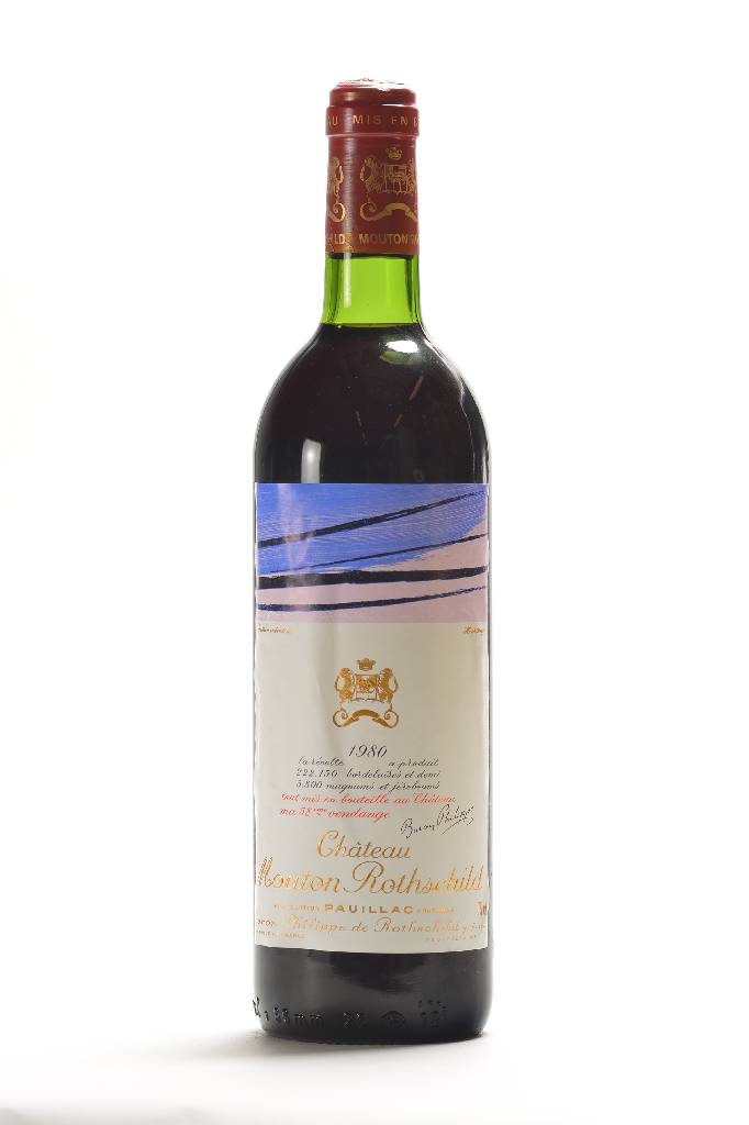 1 Flasche 1980 Chateau Mouton Rothschild, Pauillac, Künstleretikett: Hans Hartung, Füllstand: ca. top shoulder, unverkostet, ca. 75 cl, ...